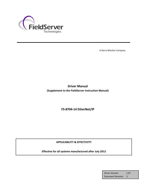 Driver Manual FS-8704-14 EtherNet/IP - FieldServer Technologies