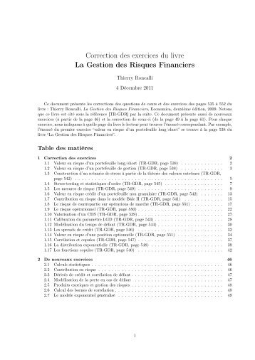 Correction des exercices du livre La Gestion des Risques Financiers