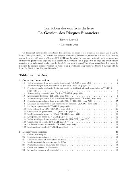 Correction des exercices du livre La Gestion des Risques Financiers