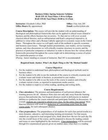 Business Ethics Spring Semester Syllabus BAD 335: 01 Tues/Thurs ...