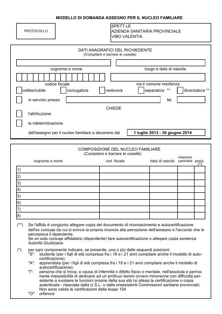 MODELLO DI DOMANDA ASSEGNO PER IL NUCLEO FAMILIARE ...