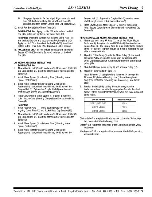 Parts Sheet - Tolomatic