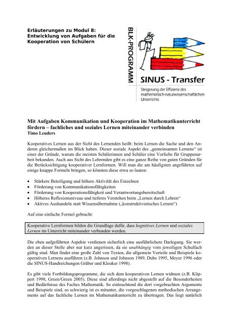 Mit Aufgaben Kommunikation und Kooperation im ... - SINUS transfer