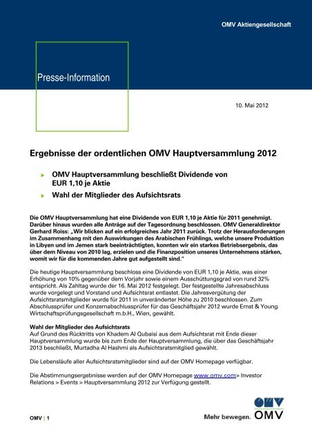 Ergebnisse der ordentlichen OMV ... - OMV-Pensionistenklub