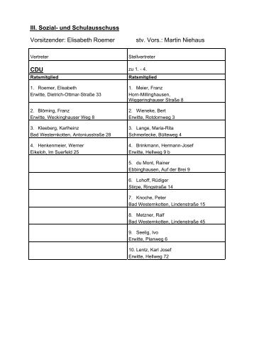 III. Sozial- und Schulausschuss Vorsitzender: Elisabeth Roemer stv ...