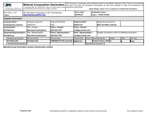 Material Composition Declaration - Contemporary Controls