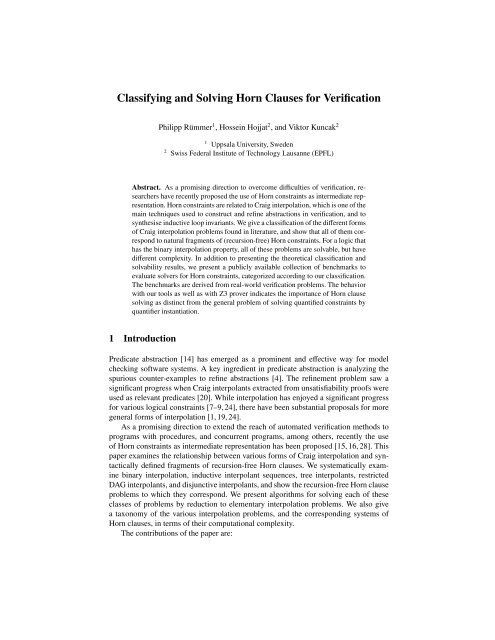 Classifying and Solving Horn Clauses for Verification - Lab for ...