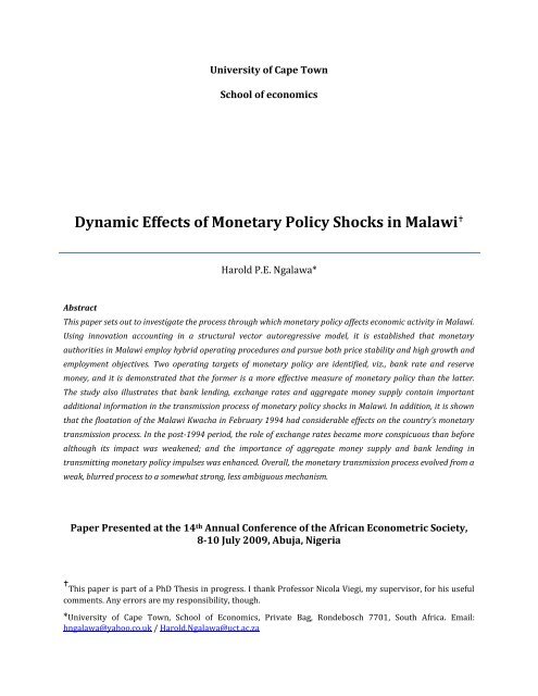 Dynamic Effects of Monetary Policy Shocks in Malawi* - African ...