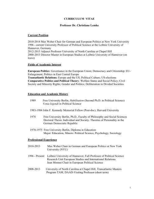 CURRICULUM VITAE Professor Dr. Christiane Lemke Current ...