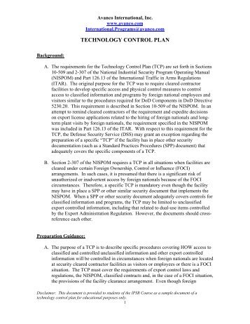 Sample Technology Control Plan - Avanco International, Inc.