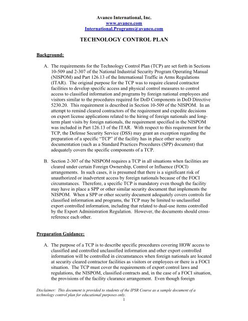 Sample Technology Control Plan - Avanco International, Inc.