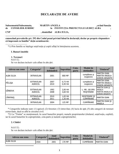 DECLARAÅ¢IE DE AVERE - Prefectura JudeÅ£ului Alba
