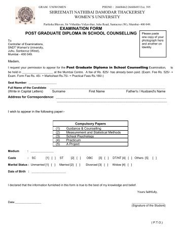 Examination Form Post Graduate Diploma in School Counselling