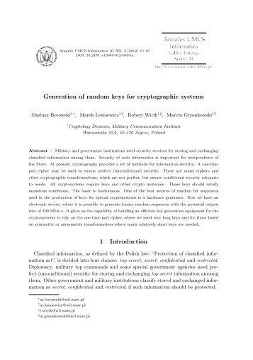 Generation of random keys for cryptographic systems 1 Introduction