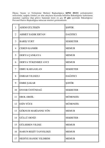 KPSS-2013/1 Atama Ä°Ålemlerine Ä°liÅkin Duyuru