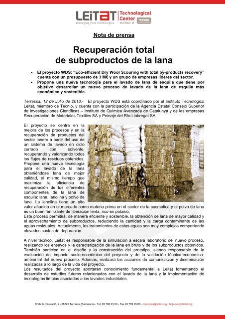 RecuperaciÃ³n total de subproductos de la lana - Leitat