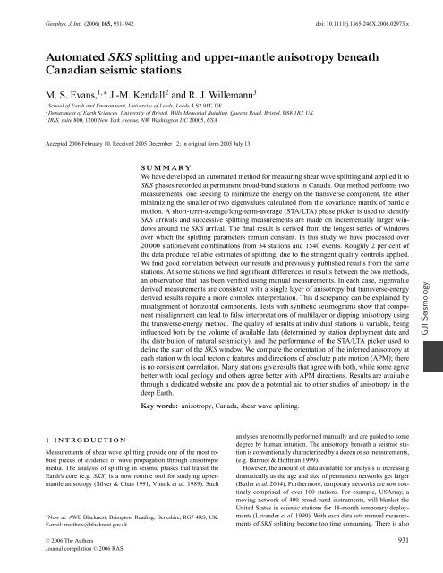 Automated SKS splitting and upper-mantle anisotropy beneath ... - bris