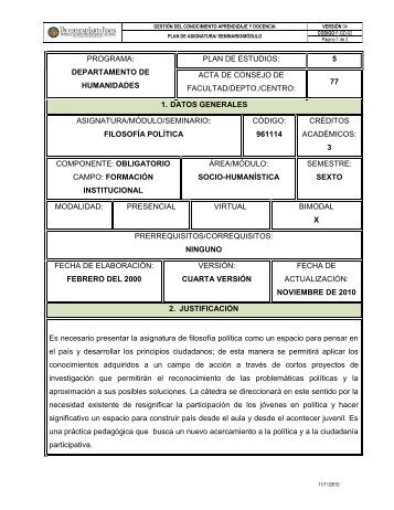 PROGRAMA: DEPARTAMENTO DE HUMANIDADES PLAN DE ...