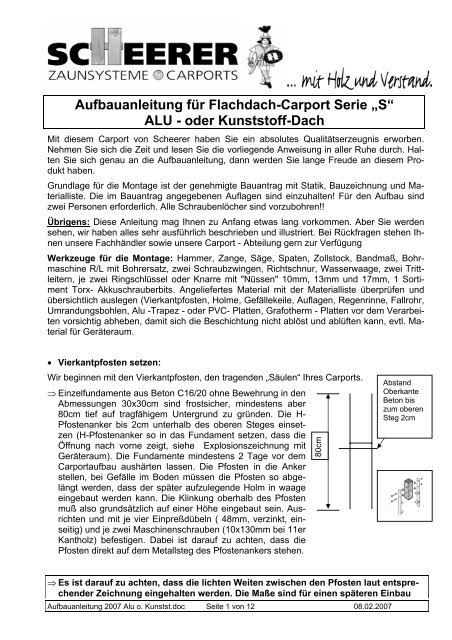 Aufbauanleitung für Flachdach-Carport Serie „S“ - Scheerer