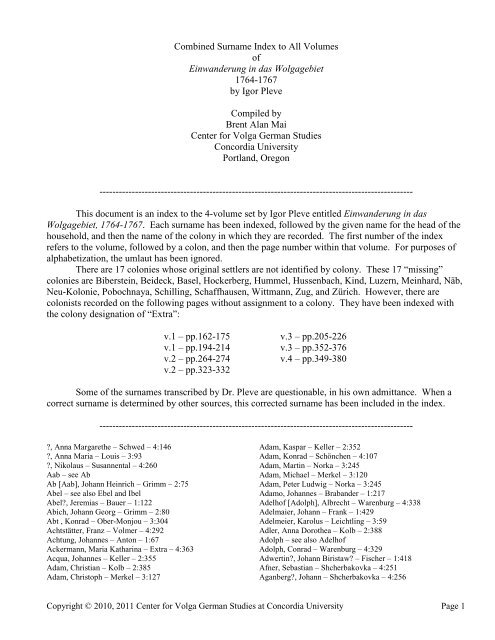 Combined Surname Index to 1767 Census of the - The Center for ...