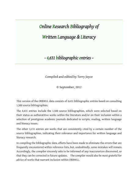 Online Research Bibliography of Written Language & Literacy