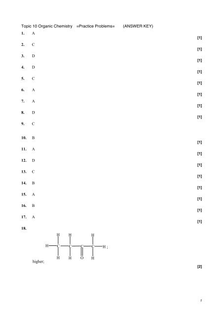 Topic 10 Organic Chemistry =Practice Problems= (ANSWER KEY) 1 ...