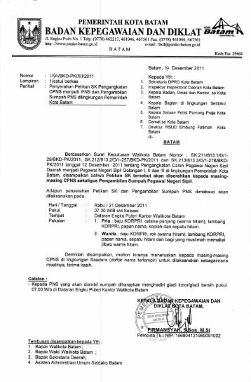 SURAT Penyerahan Petikan SK Pengangkatan CPNS menjadi PNS SURAT Penyerahan Petikan SK Pengangkatan CPNS menjadi PNS