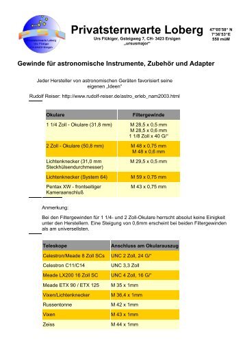 Gewinde fÃ¼r astronomische Instrumente, ZubehÃ¶r und ... - UrsusMajor