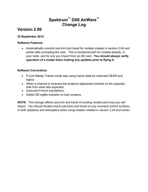 Spektrum DX8 AirWare Change Log Version 2.06 - RCGroups.com