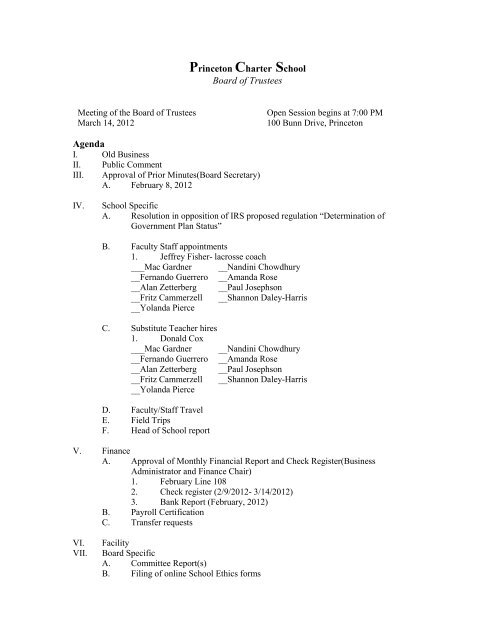 Princeton Charter School Board of Trustees Agenda