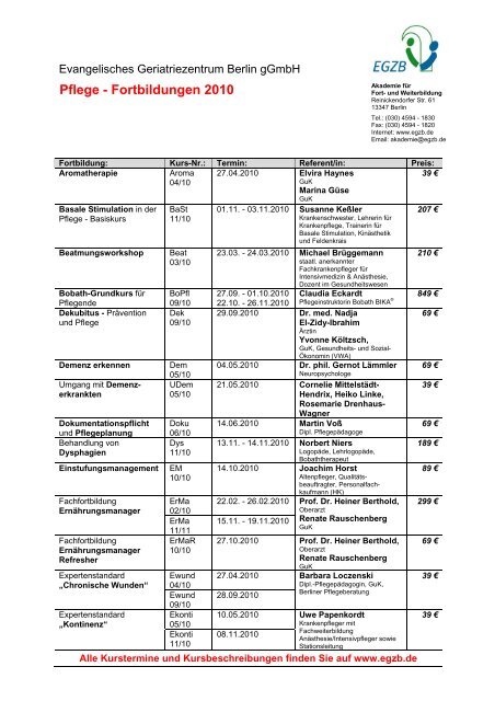 Pflege - Fortbildungen 2010 - Evangelisches Geriatriezentrum Berlin