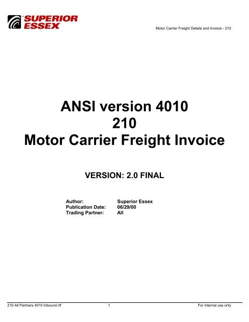 ANSI version 4010 210 Motor Carrier Freight Invoice - Superior Essex