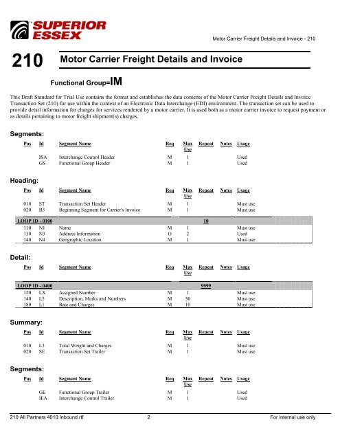 ANSI version 4010 210 Motor Carrier Freight Invoice - Superior Essex