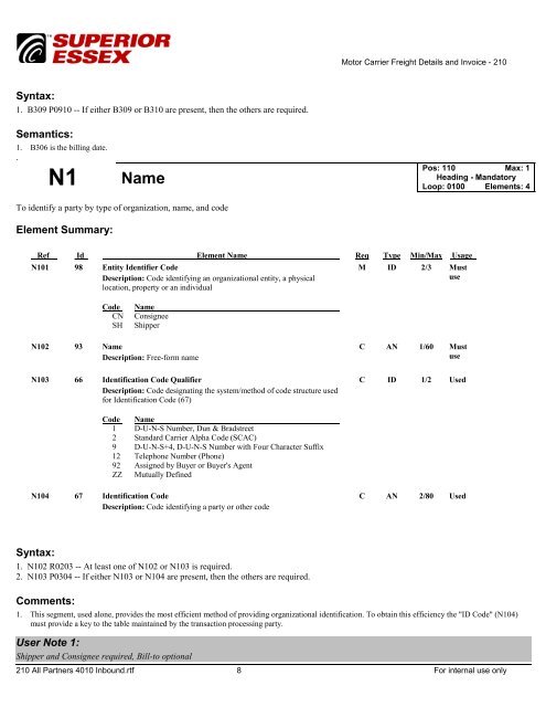 ANSI version 4010 210 Motor Carrier Freight Invoice - Superior Essex