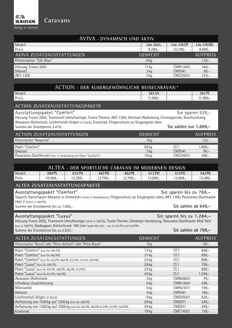 Preisliste Adria Caravans 2011 Freizeit mit noch mehr Komfort - Reimo