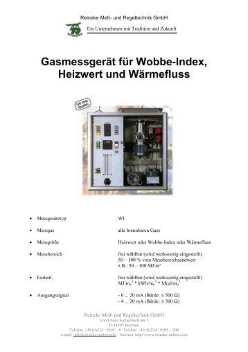 Gasmessgerät für Wobbe-Index, Heizwert und Wärmefluss - Reineke