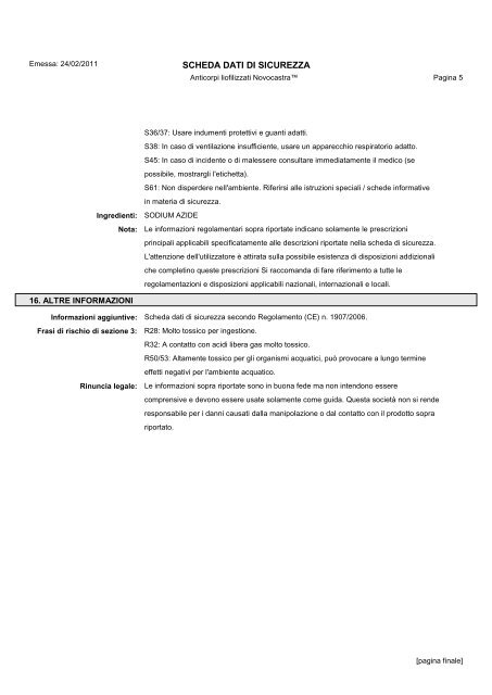 Novocastra Lyoph Antibodies msds