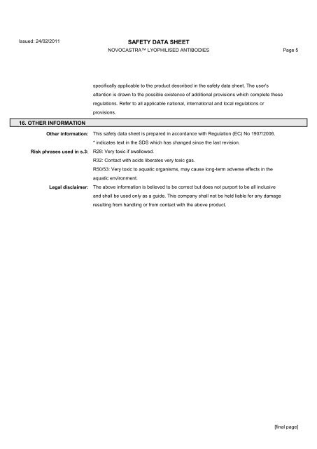 Novocastra Lyoph Antibodies msds