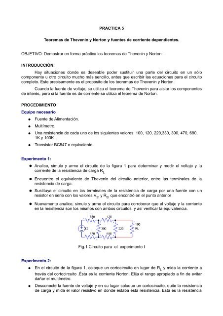 PRACTICA 5 Teoremas de Thevenin y Norton y fuentes de corriente ...