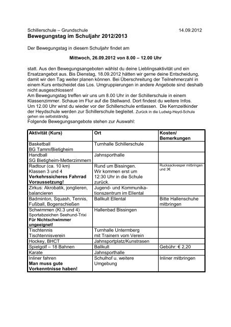 Angebote des Bewegungstags - Schillerschule Bissingen