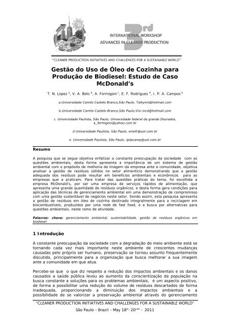 GestÃ£o do Uso de Ãleo de Cozinha para ProduÃ§Ã£o de Biodiesel ...