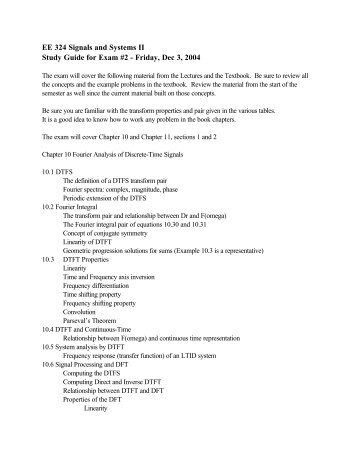 EE 324 Signals and Systems II Study Guide for Exam #2 - Friday ...