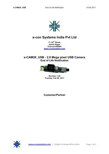 e-CAM20_USB - 2 Mega pixel USB Camera - e-con Systems