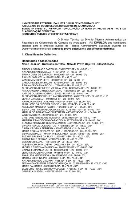 1 1. ClassificaÃ§Ã£o Definitiva - Faculdade de Odontologia - Unesp