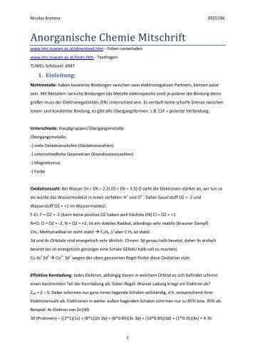 Anorganische Chemie Mitschrift - Bplaced.net