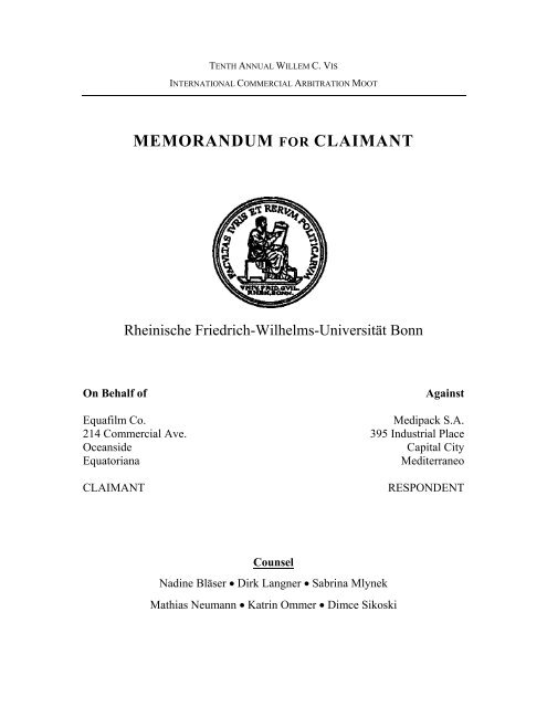 MEMORANDUM FOR CLAIMANT