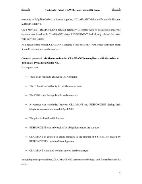 MEMORANDUM FOR CLAIMANT