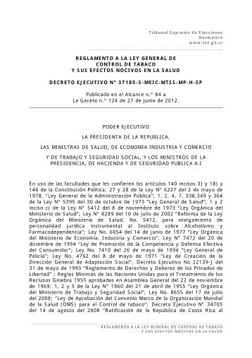 reglamento a la ley general de control de tabaco y sus efectos ...