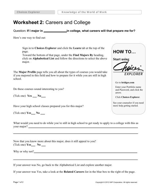 Worksheet 2: Careers and College - Bridges