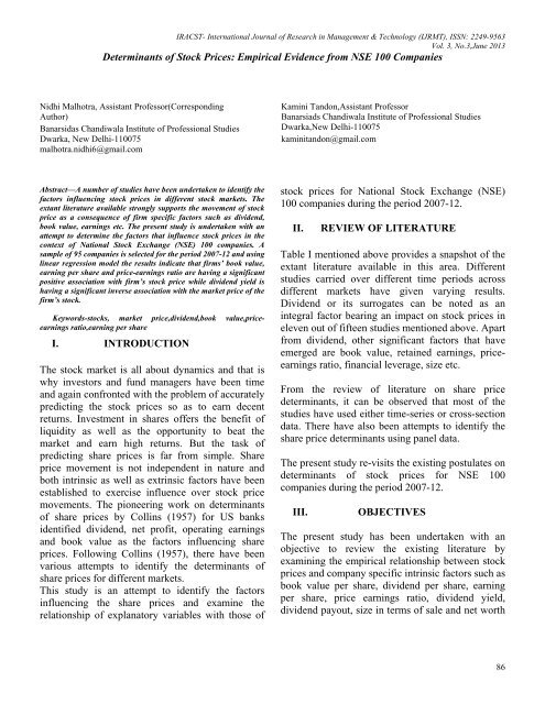 Determinants of Stock Prices: Empirical Evidence from NSE 100 ...